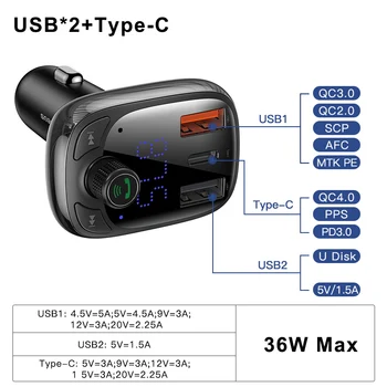 Baseus Hurtig Opladning 4.0 Bil Oplader til Telefonen FM-Senderen Bluetooth Car Kit Lyd MP3-Afspiller Hurtig Dual USB Bil Oplader