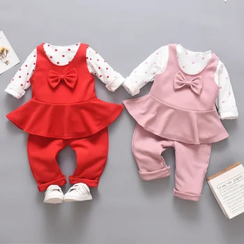 Børn Piger koreansk Tøj Sæt Forår, Efterår Polka Dot Bue Kjole Suit Female Child Costume Overtøj til 1 2 3 4 År
