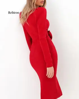 Kvinder kjole rød med lange ærmer bue dekoreret Dyb V-hals, høj talje lange drees afslappet og elegant party bodycon dress hot salg