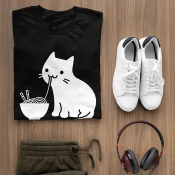 Japan Cat T-Shirt Sød Kat at Spise Ramen T-Shirt Grafisk Casual t-Shirt af Bomuld Sjov Mand 3xl Tshirt