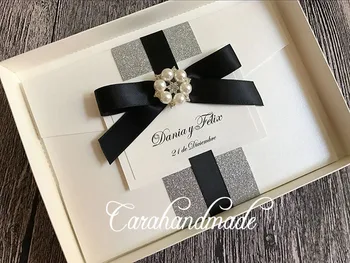 Classic-Boxed Glitter Wedding Invitation-kort ,lomme med boksen ,sølv/guld/hvid guld glitter med bånd CA0656
