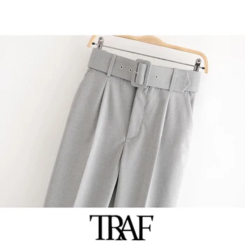 TRAF Kvinder Chic Mode Kontor Slid Med Bælte Vintage Bukser med Høj Talje, Lommer Kvindelige Ankel Bukser Pantalones Mujer