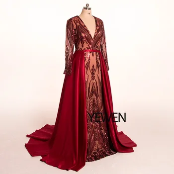V-hals 2020 Vin Rød Havfrue Aften kjole med lange ærmer elegante Arabiske robe de soiree formel kjole Aftagelig Tog YeWen