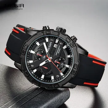 MEGIR Mænds Fashion Sport Quartz Ure Lysende Silikone Rem Quartz Analog armbåndsur for Mennesket Sort Rød 2055G-BK-1