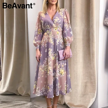 BeAvant Elegant pink lilla efterår og vinter kvinder kjole V-hals lange ærmer blomst kvindelige kjole A-line mode lang festkjole