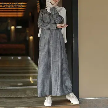 Vintage Stribet Sundress Kvinder, Muslimske Abaya Tyrkiet Hijab Kjole ZANZEA Afslappet langærmet Kaftan Vestidos Islamisk Tøj Robe