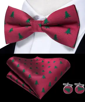 Hi-Tie Christmas-Slips til Mænd Rød Grøn juletræ Santa Claus Bue uafgjort Pocket Square Manchetknapper Sæt Silke Mænds Bowtie