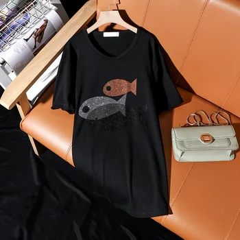 Sommeren afslappet 2021 nye mode løs plus size kort ærme T-shirt for kvinder sort personlighed fisk hot diamonds overdele