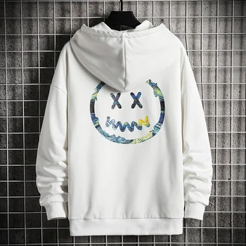 Japan Stil Afslappet O-Hals 2020 Smil ansigt Print Hoodie Sweatshirt til Mænd Hip Hop Høj Streetwear Tøj