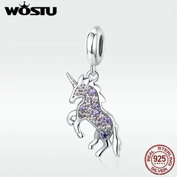 WOSTU Nye Ankomst 925 Sterling Sølv Flimrende Unicorn Dangles Charms Passer til Armbånd & Halskæde Vedhæng Smykker CQC996