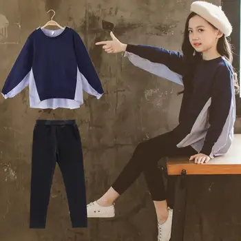 Piger Sæt, Tøj Piger Foråret Tøj 2020 Ny Koreansk Patchwork Pullover +Sorte Bukser Passer Til Piger, Tøj Sæt Barn