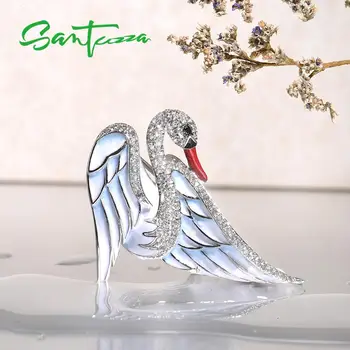 SANTUZZA Sølv Broche for Kvinder Ren 925 Sterling Sølv, med Bredte vinger Flyvende White Swan Dyr Mode Smykker Håndlavet Emalje