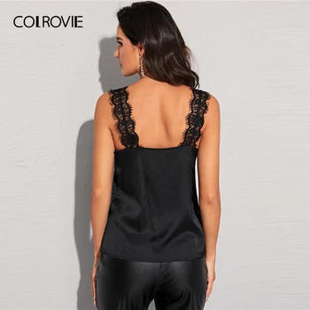 COLROVIE Black Lace Lace Panel Cami Top Kvinder Satin Elegant Tøj 2020 Sommeren Spaghetti Strop Casual Vest Damer Tanke