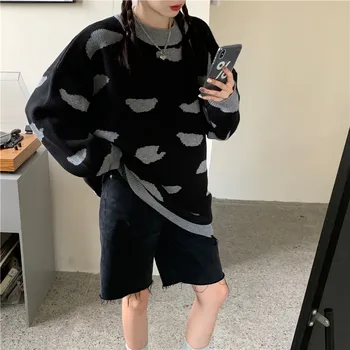Vinter Tøj Kvinder 2020 Oversize Sweater O-hals og Print Strikkede Pullovers Sød Outwear Weater Mode Toppe Pels