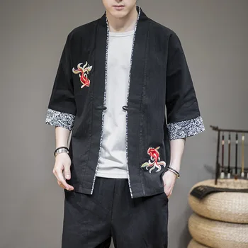 Guldfisk Broderi Japansk Kimono Mænd Cardigan Streetwear Yukata Mandlige Shirt Lejligheder Herre Kimono Trøje Traditionelle 4XL 5XL