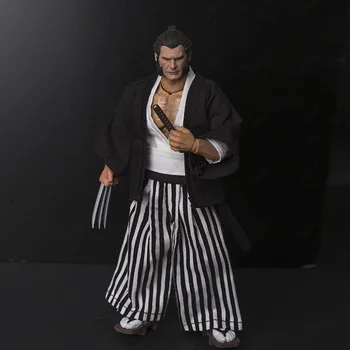 1/12 Scale Japansk Ronin Samurai Stribet Kimono Frakke, Bukser, Vest Tøj Sæt til 6in Action Figur Toy