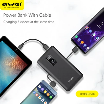 Awei Power Bank 10000mAh LED Display Bærbare Oplader Hurtig Ekstern Batteri Indbygget i 3 Kabler Lyn Type C for Mikro-Telefon