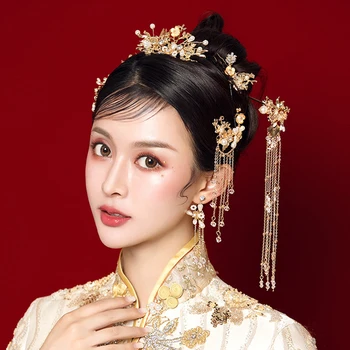 Nye Bride Bryllup Hovedbeklædning Kinesiske Retro Gyldne Frynser Skridt Ryste Hårpynt Bryllup Xiuhe Han Fu Hovedklæde