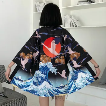 INS 2020 Ny Hvid Sort Kran Harajuku Japansk Mode Kimono Kvinder 2020 Cardigan Bluse Strand Tøj Samurai