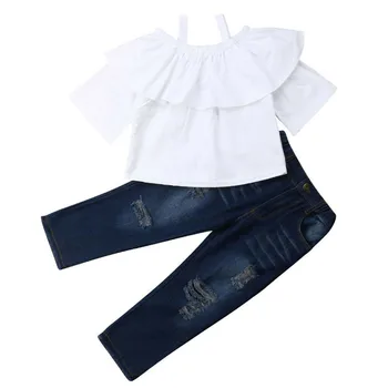 Mode Nyfødte Barn Baby Pige Sommer Off Skulder T-shirt, Toppe+Hul Denim Jeans Bukser Tøj børnetøj 3-8Years