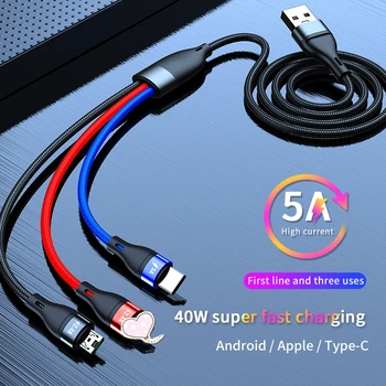 Super Charge 3-i-1 USB-Kabel til Huawei til iPhone 11 Pro Max antal 3i1 2in1 Hurtig Opladning 8 Pin Micro USB Type C Kabel til Samsung