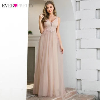 Elegant Pink Brudepige Kjoler Smukke A-Line V-Hals Uden Ærmer Pynt Bryllup Gæst Kjoler Vestido Madrinha 2020