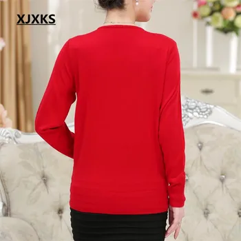 XJXKS nye 2017 foråret kvinder sweater mor tøj midaldrende long-sleeve satin to stykke uld sweater i høj kvalitet