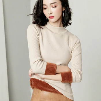 YNZZU koreanske 2019 Efterår og Vinter Fleece Varm Sweater Kvinder Elegante Solid Slank Stå Krave Lange Ærmer Kvinder Pullover Toppe AT297