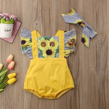 2020 One-Stykker Nyfødte Baby Piger Solsikke Korte Ærmer Jumpsuit Heldragt Sunsuit Outfits Sæt