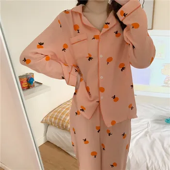 Efteråret Sweet Orange Print Pyjamas Sæt Kvinder Søde Tegneserie Casual Homewear Revers Lang Ærmet Trøje+Bukser, Nattøj Lomme Y044