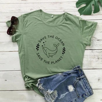 Spar Havet Planet Grafiske T-Shirts Haj Æstetiske Tees Kvinder Kausale Sommeren Slogan T-Shirt Beskytte Miljøet Bomuld Toppe