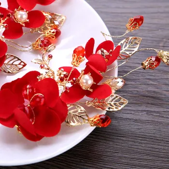 Ny Mode Kinesiske Røde Blomst Simuleret Pearl Krystal Hår Klip Hårnål Noiva Brude Bruden Bryllup Slør Dekoration Smykker