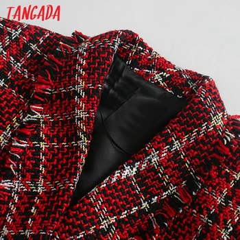 Tangada Kvinder 2020 Mode Red Tweed Blazer Vintage Pels Dobbelt Breasted med Lange Ærmer Kvindelige Overtøj Smarte Toppe 3L25