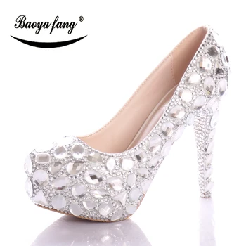 Luksus sølv krystal Bride Bryllup sko super High kvinder sko Rhinestone platform sko Plus størrelse 34-46 kvinde store størrelse sko