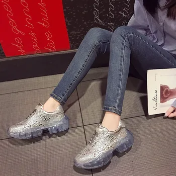 Lejligheder Ny Sølv Krystal Vulcanize Sko Kvinde Rhinestone Gennemsigtig PVC-Platform Sneakers Kvinder Åndbar Casual Sko