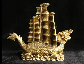Kinesisk Feng Shui Bronze Messing Penge YiFanFengShun Dragon Skib Båd Statue