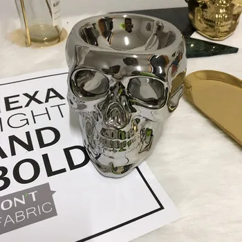 Guld Sølv Skull Lysestage i Europæisk stil, Luksus Glasur Keramiske Hjem Indretning Kontor Vin Kabinet Stue Halloween Gave M909