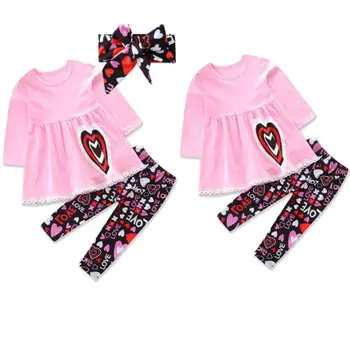 3Pcs Nyfødte Baby Piger Kids langærmet Lace T-shirt + Blomstret Leggings + Sløjfe Hovedbøjle Udstyr, Tøj 1-6Y