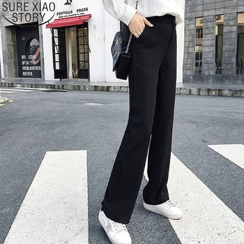 2021 Foråret Efteråret Kvinder Bukser Plus Size Løs Elegant Casual Fashion Solid Black Høj Talje Bred Ben Bukser Kvindelige Pantalon 9755
