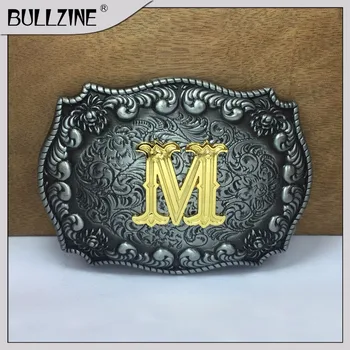 Den Bullzine bogstav M, bælte spænde med tin og guld finish FP-03687-M er egnet til 4 cm bredde bælte
