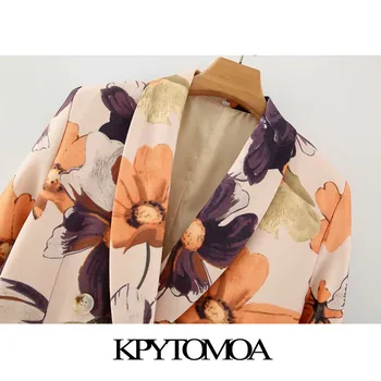 KPYTOMOA Kvinder 2020 Mode Dobbelt Breasted Blomster Print Blazer Vintage Pels Lange Ærmer, Lommer Kvindelige Overtøj Smarte Toppe