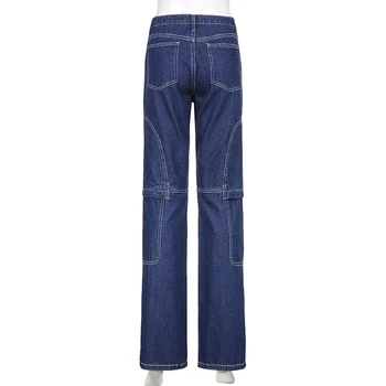 Weekeep Streetwear Blå Straight Jeans Kvinder Joggere Baggy Vintage Denim Bukser Mode Lav Talje Harajuku Lomme Patchwork Jeans
