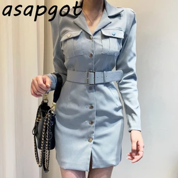 Asapgot Smarte koreanske Efterår Mode Revers, Enkelt-breasted Kjole Bælte Mini Slim Taske Hip 5 Farve Vintage Vestido Feminino Bandage