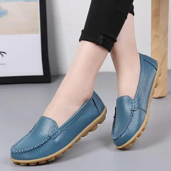 Kvinder sko ny ægte læder flade sko-kvinde mode afslappet loafers slip-on rund tå solid kvindelige sko plus size 35-44