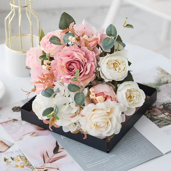 Kunstige Blomster Falske Silke-Pæon Hortensia Camellia Faux Daisy Buket Bryllup Centerpieces Tabel Ordninger Dekoration