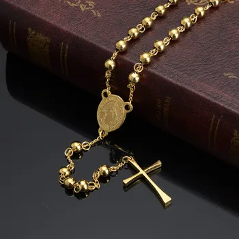 Jesus Kors Vedhæng Halskæde i Rustfrit Stål, Guld Farve For Kvinder Religiøse Kristne Smykker Rosenkrans perler Enkle Gaver