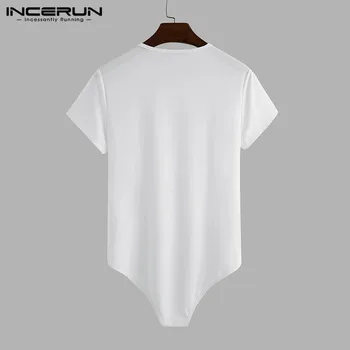 Mænd T-Shirt Bodysuit Solid Sexet 2021 Korte Ærmer O-Neck Tops Fritid Mænd Rompers T-shirts Åndbar Undertøj INCERUN S-5XL