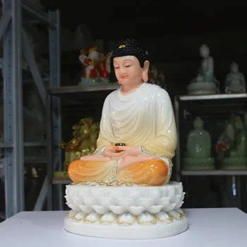 32CM Store high-grade Hjem Hall virkningsfuldt Talisman Mascot Buddhistiske Sakyamuni Buddha hvid jade forgyldning Skulptur statue