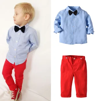 Spædbarn Baby Drenge 1T-7T Herre Tøj Sæt Blå Solid Open Front Revers Skjorte + Rød Lange Bukser Udstyr