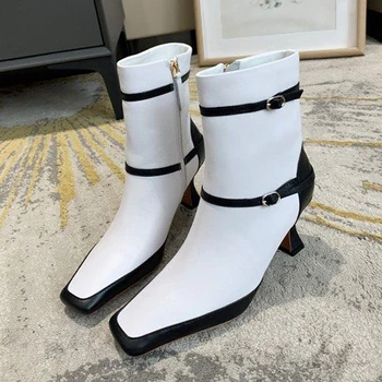Firkantet tå blandet farve Høje Hæle short boots kvinder i ægte læder spænde remmen indretning ankel støvler 2020 sexet bane sko kvinder